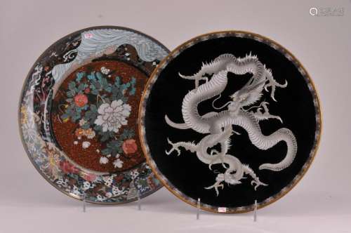 Two Japanese Cloisonne chargers. (1) Black ground with dragon decoration. 12