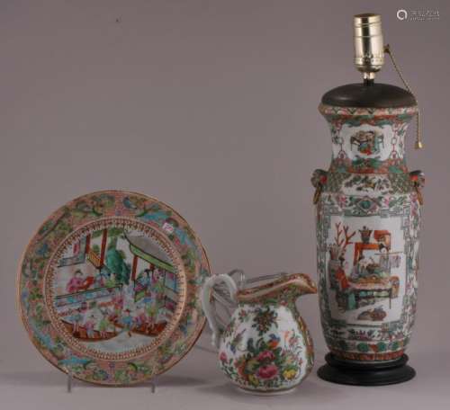 Lot of 3 porcelains. China. 19th century. Export wares. To include: a vase mounted as a lamp, a plate and a milk jug.    11