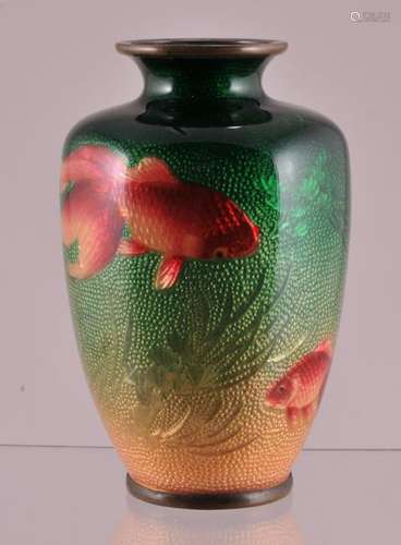 Japanese Jinbori green ground Cloisonne vase with gold fish decoration. 4 Â¾