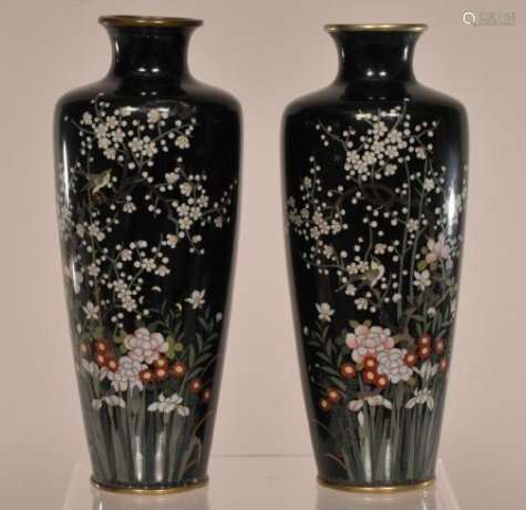 Pair of Japanese silver wire Cloisonne vases with birds and flowering tree decoration with enamel loss above decoration vase shoulder. 6