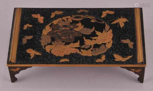 Lacquered inkstand. Japan. 19th century. Black lacquer with gold decoration of flowers and butterflies.   4-1/4