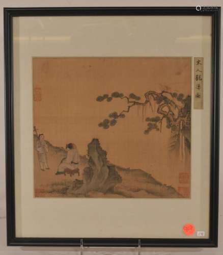 19th century or earlier. Chinese Album painting album on silk. Figures in a landscape. Five seal signatures. Cut out signature on side. Framed. Sight size: 9