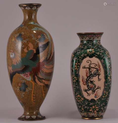 Two Japanese Cloisonne vases. (1) Square form, green ground with dragon and phoenix decoration. 7-1/4