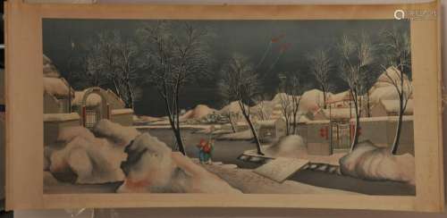 Hanging scroll. China. Early 20th century. Ink and colour on paper. Winter scene with two children flying kites. 49-1/2