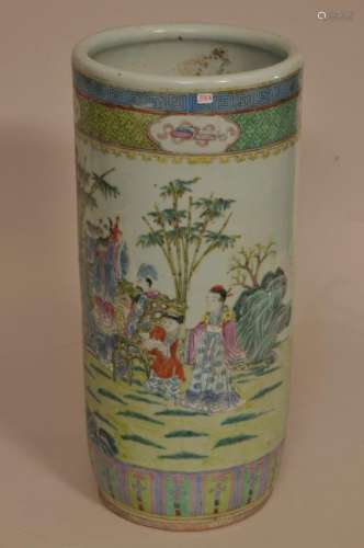 Porcelain umbrella stand. China. 19th century. Famille Rose enamel scene of a gathering of the Immortals. 17-1/2