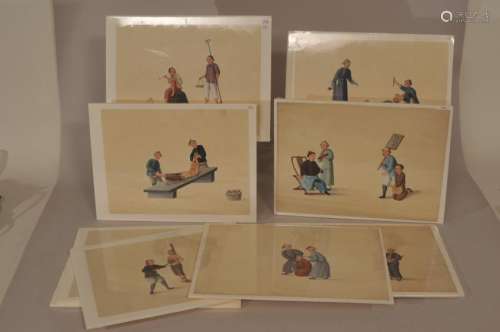 Lot of nine Chinese Export paintings on paper depicting various torture and admonishment scenes. Unframed and plastic wrapped. Sight sizes vary from 7-1/2