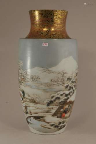 Porcelain vase. Japan. Meiji period. (1868-1912). Seto ware in the Kutani palette. Winter scene with a brocade style neck and mouth. Signed and with a label. Made by Iwatomo.  12