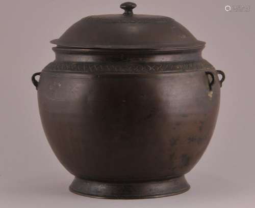 19th century or earlier Asian bronze round covered jar. Archaic style handles. 9