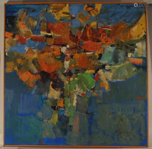 Roger San Miguel. Philippines. 1972. Large colorful abstract painting. Oil on canvas. Framed. Signed lower right. Overall size: 49