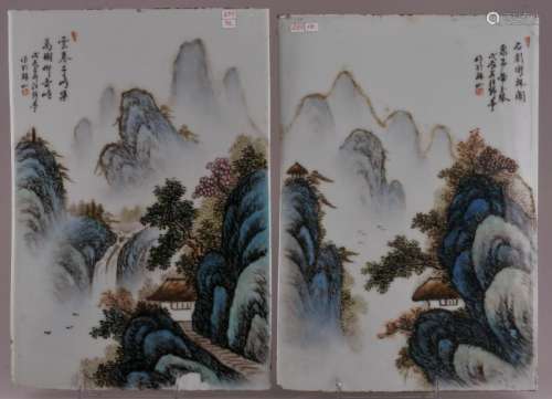 Pair of Republic Period Famille Verte decorated porcelain plaques. Mountain landscape decoration. Signed with inscriptions and seal. One-inch flake chip at bottom on one. Unframed. 14-1/2