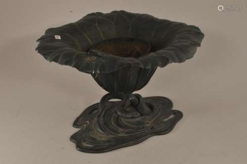 Bronze planter. Japan. Early 20th century. Lily pad and frog form with a wave base.   9-1/4