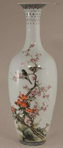Porcelain vase. China. Dated 1959. Famille Rose decoration of birds in flowering trees.  Fitted Box. Vase- 13-3/4