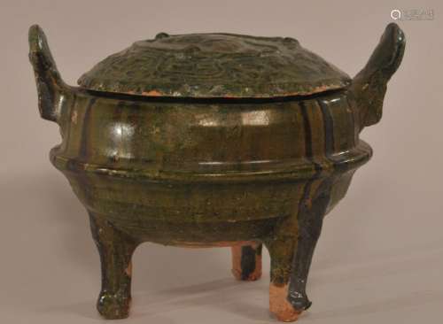 Pottery model of food container. China. Han period. (2nd BC-2nd AD) Ting with a green glaze.  6