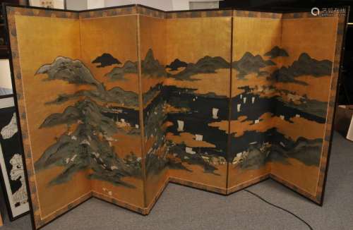 Six panel screen. Japan. 19th to early 20th century. Ink and colours on gold paper. Seaside landscape.  63
