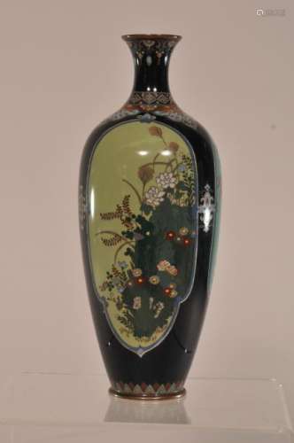 Japanese Cloisonne silver wire vase with three panels of birds, floral and wisteria decoration, circa 1900. 6-1/4