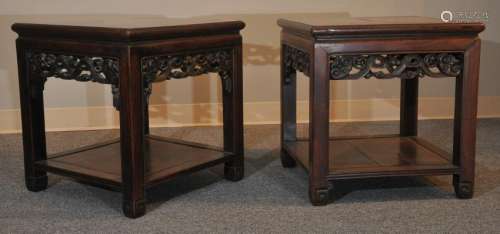 Pair of Rosewood occasional tables. Apron carved and pierced with ju-i sceptres. 19-1/2