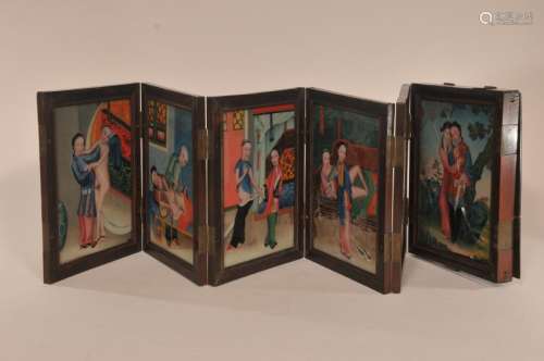 Rosewood mirror case. China. Early 20th century. Secret compartments with reverse glass erotic paintings.  Box 8