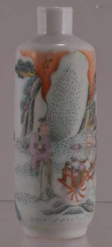 Porcelain Snuff bottle. China. 19th century. Cylindrical form. Famille Rose historical scenes.   3-1/8