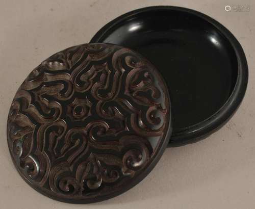 Lacquer box. China. 20th century. Guri type. Surface carved with ju-i. Red and black lacquer.   3