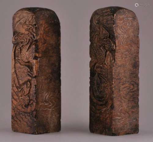 Pair of large 19th/20th century carved dragon soap stone seals. Labels reading 