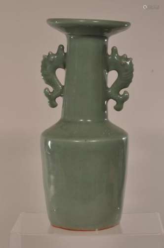 Porcelain vase. China. Ming period. (1368-1644). Kinuta type. Fish handles. Deep thick celadon green glaze. Purchased before 1955 in NYC.  9-3/4