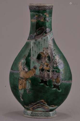 Stoneware vase. China. Early 20th century. Famille verte decoration of a landscape. 5-1/4