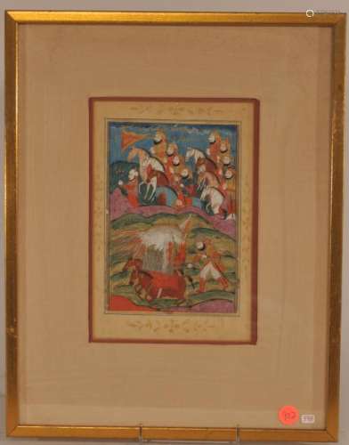Miniature painting. Kashmir. 19th century. Ink and colours with silk on paper. Scene of Rustam killing a mythical bird. Framed and glazed.  Sight size: 9