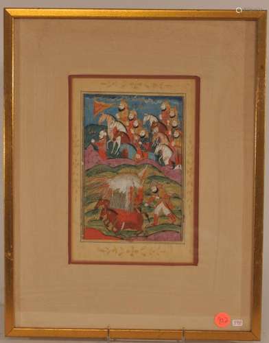 Miniature painting. Kashmir. 19th century. Ink and colours with silk on paper. Scene of Rustam killing a mythical bird. Framed and glazed.  Sight size: 9