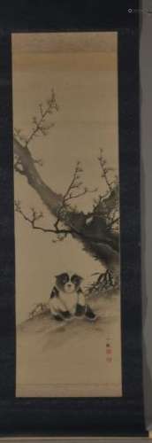 Hanging scroll. Japan. 19th century. Ink and slight colour on paper. Prunus flowers.  Overall size: 74