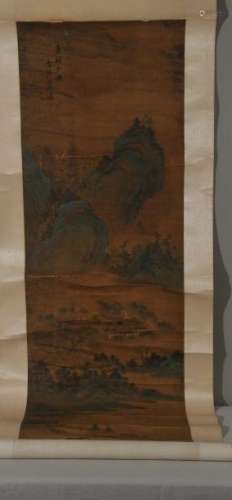 Hanging Scroll. China. 19th century. Blue and green style landscape. Ink and colours on paper. Numerous creases, stains and loss.  Overall size: 108