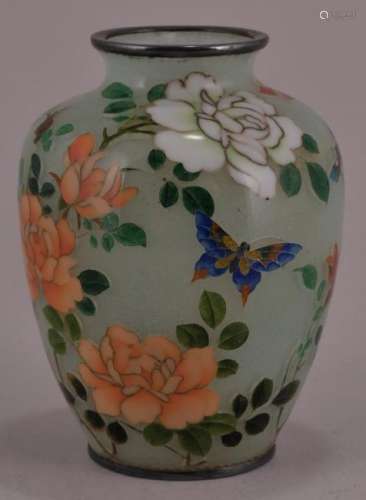 Enamel vase. Japan. Meiji period. (1868-1912). Plique-a-jour with a design of flowers and butterflies. Silver mounts. Signed. 3-1/2