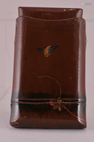 Bamboo case. Japan.  19th century. Lacquer and mother of pearl floral decoration.  4-1/2