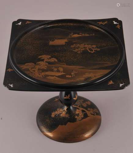 Lacquer tray. Japan. 19th century. Footed tazza form. Black lacquer with gold landscapes. Signed.   9-1/2