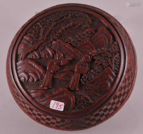 19th century Chinese carved Cinnebar round covered box with landscape decoration and diaper decorated sides. 5