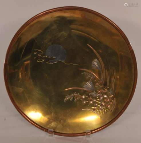 Mixed metals plate. Japan. Meiji period. (1868-1912) Decoration of the moon and autumn grasses. Signed.  12-1/4