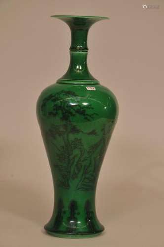 20th century green ground Chinese porcelain vase with black landscape decoration and inscription. Chien Lung mark on base. 12