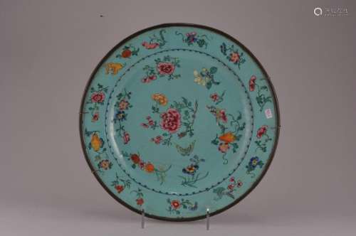 18th/19th century Canton enamel large turquoise ground plate with flower, butterfly and Buddhist symbol decoration. Copper edge. Hairline grazing. Small enamel loss on back. 11