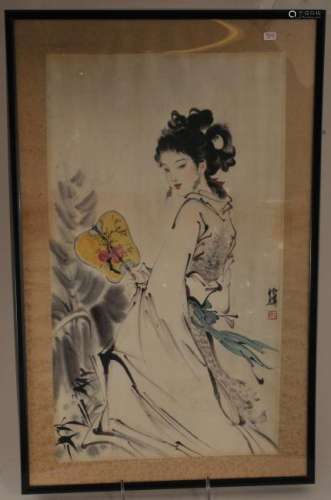 Painting. China. 20th century. Ink and colours on paper. Scene of a woman holding a fan. Framed and glazed.  Sight size: 17