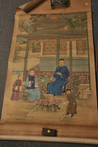 Hanging scroll. China. 19th century. Ancestor portrait. Middle Age couple with two attendants in a garden. Numerous creases. 42-1/2