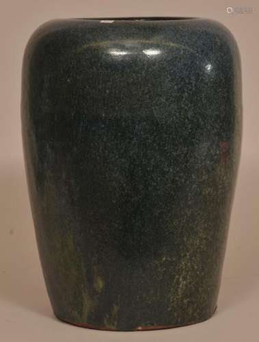 Stoneware vase. China. Kuang Tung ware. Green infused blue glaze. 12-1/2