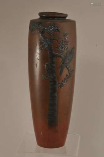 Bronze vase. Japan. Meiji period (1868-1912). Silver inlay of a bird in the branch of a flowering tree.  8-3/4