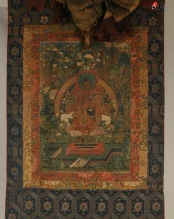 Thangka. Tibet. 18th century. Scene of The Buddha in a garden. 16-1/2