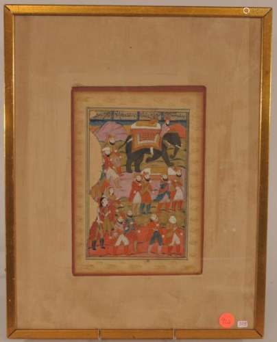 Miniature painting. Kashmir. 19th century. Ink, colours and gilt on paper. Scene of a funeral procession. Framed and glazed. Sight size: 9