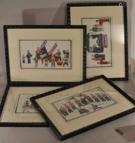 Lot of four pith paper paintings. China. Early 20th century. Scenes from everyday life.