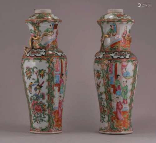 Pair of porcelain whale oil lamps. China. 19th century. Rose Medallion ware. 13
