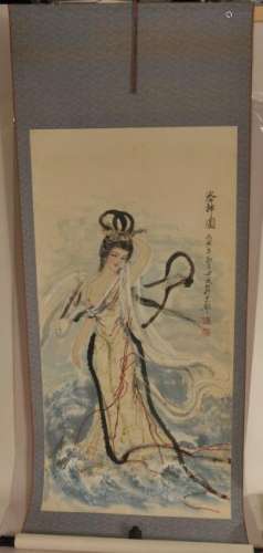 Hanging scroll. China. 20th century. Ink and colours on paper. Dancer in the T'ang style. Sight size 52 x 26