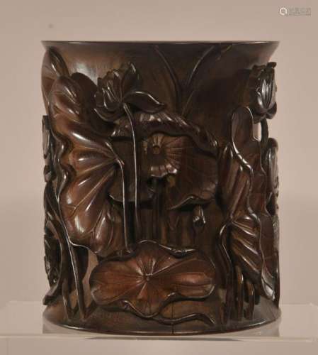 Carved bamboo brush pot. China. 18th/19th century. Surface carved with lotus plants and aquatic birds. 5 7/8