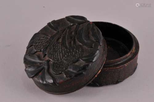 18th/19th century Chinese carved lacquer round covered box with diaper pattern ground and raised fruit branch decorated top and bottom. 3