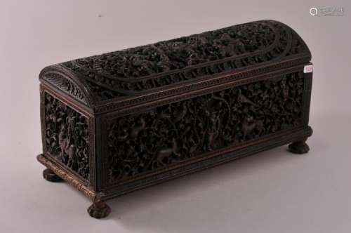 Carved wooden box. India. 19th century. Domed top. Finely carved with the gods, animals and floral elements. 11