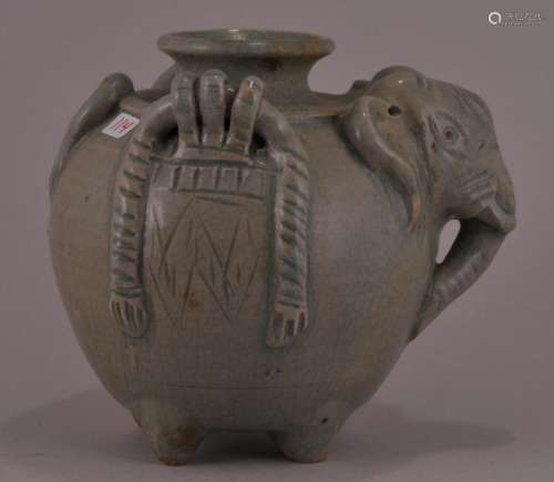 Celadon ewer. Thailand. 16th century or earlier. Sawankalok ware. Carved and moulded as an elephant. Celadon green glaze. 4-3/4
